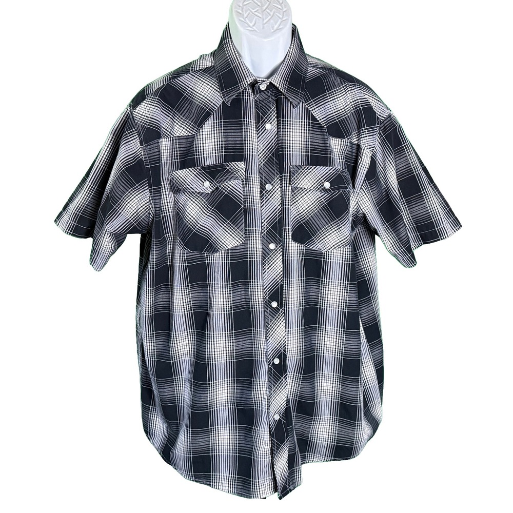 Gioberti Western Shirt Men XL Black Plaid Pearl Snap Short Sleeve Casual Pockets